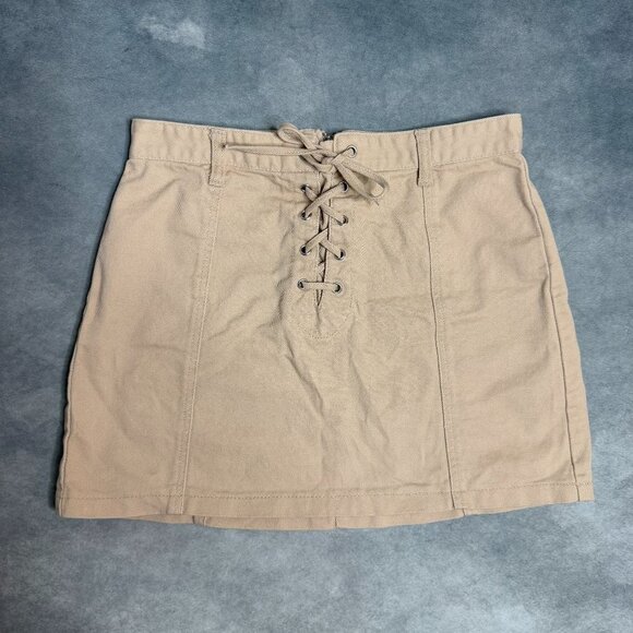 Y2K Lace-Up Mini Skirt Women’s Size L Forever 21 Beige Tan Denim Boho Festival - Picture 1 of 9